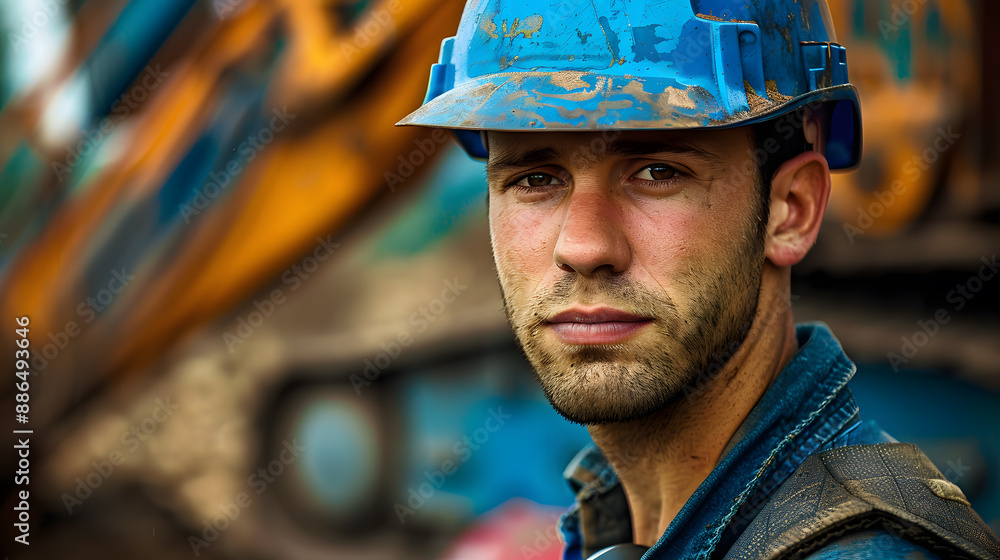 Fototapeta premium Portrait of a working man in a uniform and a hard hat. AI Generated