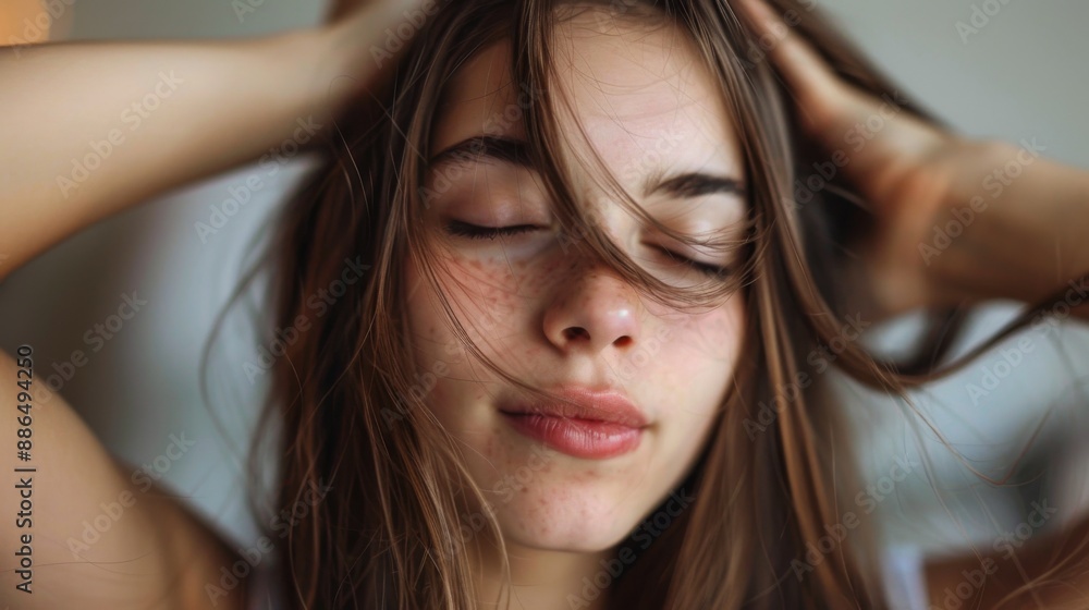 Fototapeta premium Close up of a beautiful young woman checking whether her hair is dry or not. Portrait of a brunette girl with her hands in her long straight hair and with her eyes closed