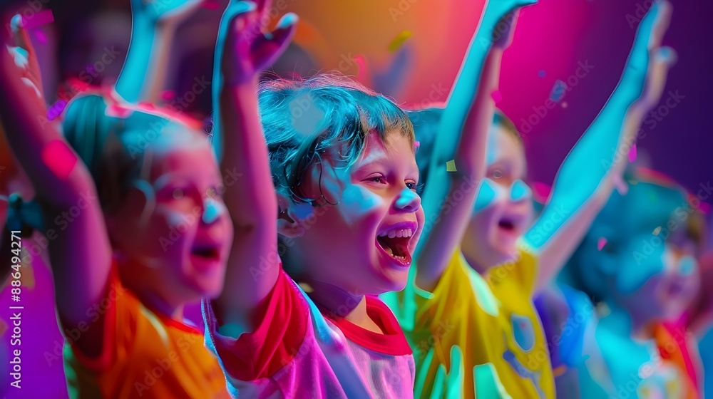 Vibrant Talent Show with Excited Children Performing on Stage Vibrant Talent Show with Excited Children Performing on Stage
