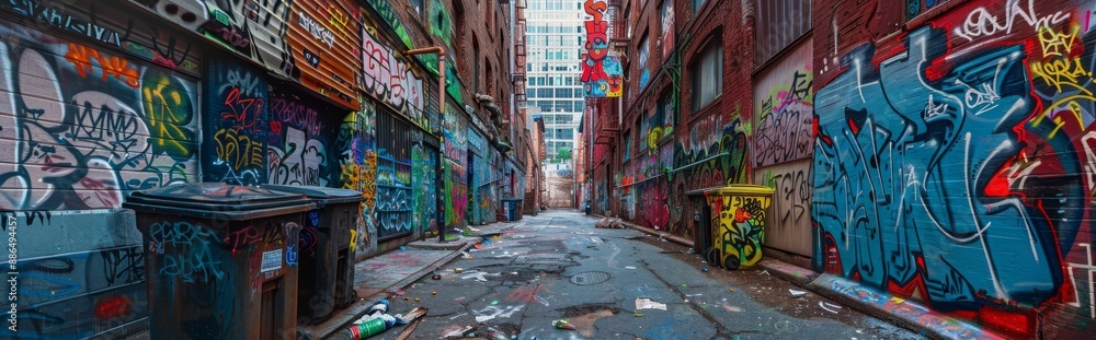 This image depicts a gritty, industrial area with graffiti. It is a horizontal banner. This image depicts a gritty, industrial area with graffiti. It is a horizontal banner.
