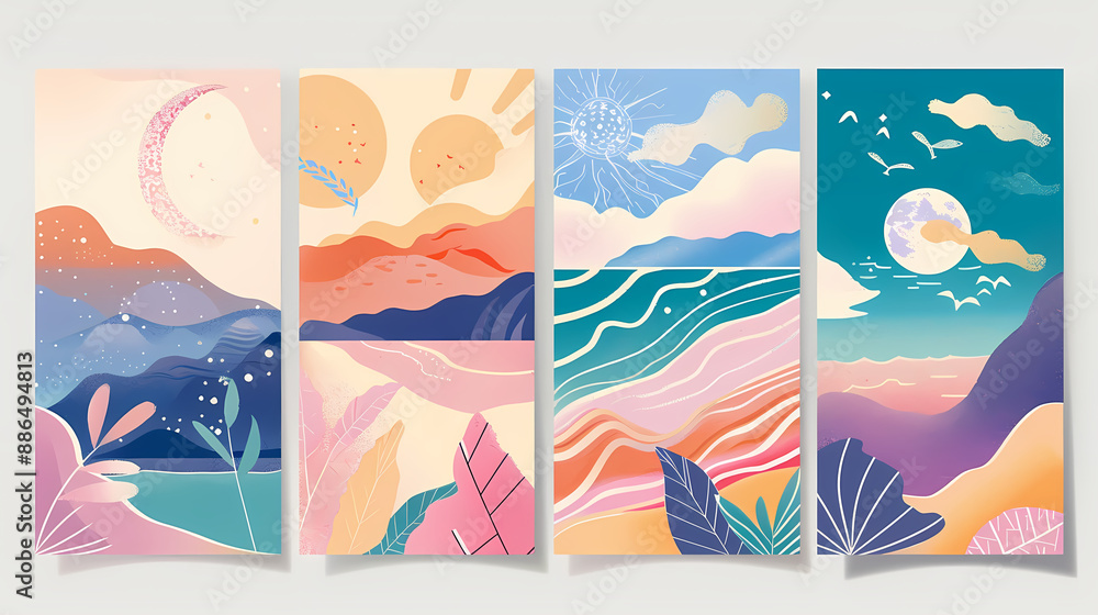 Naklejka premium Abstract coloful landscape poster collection. Set of contemporary art print templates. Nature backgrounds for your social media. Sun and moon, sea, mountains, ocean, river bundle