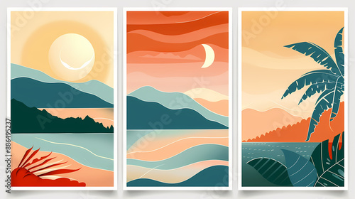 Abstract coloful landscape poster collection. Set of contemporary art print templates. Nature backgrounds for your social media. Sun and moon, sea, mountains, ocean, river bundle