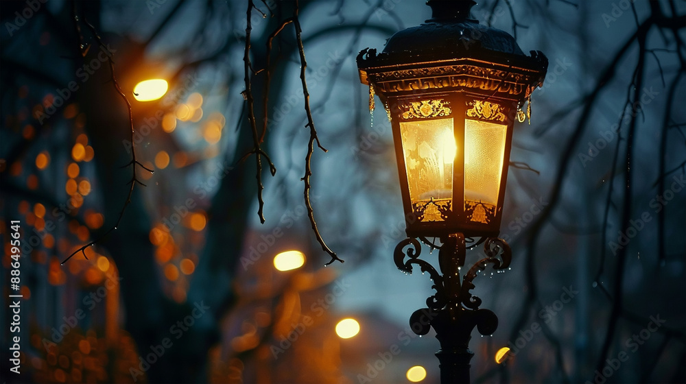 Old street lamp and raining streetlights with a warm yellow glow Old street lamp and raining streetlights with a warm yellow glow
