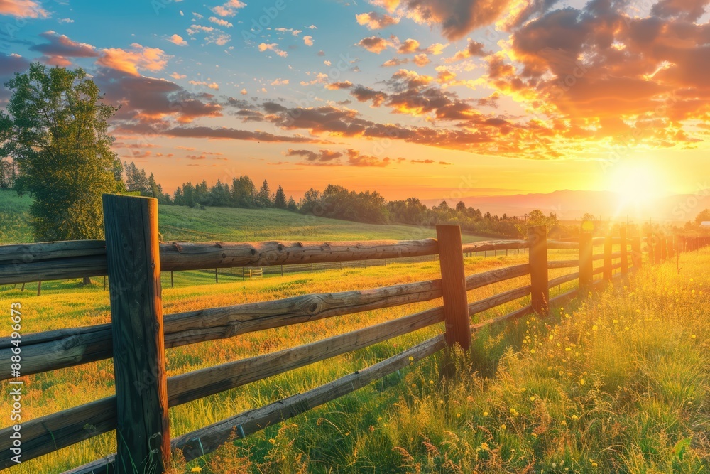 Sunset Over a Country Field with Wooden Fence Sunset Over a Country Field with Wooden Fence