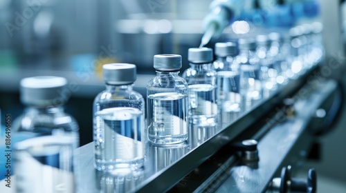 A detailed shot of sterile medical bottles being filled with liquid on an assembly line, with a cleanroom background emphasizing the hygienic conditions with minimalist style