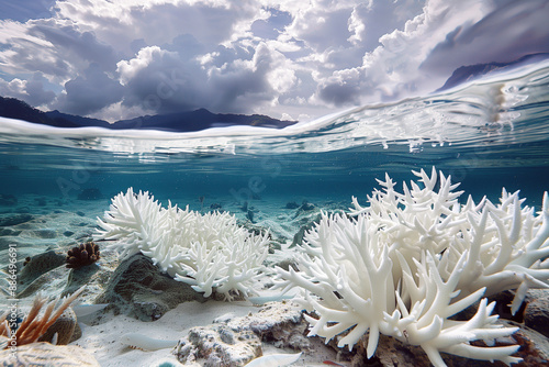 Coral bleaching; when water is too warm, corals will expel the algae (zooxanthellae) living in their tissues causing the coral to turn completely white. photo