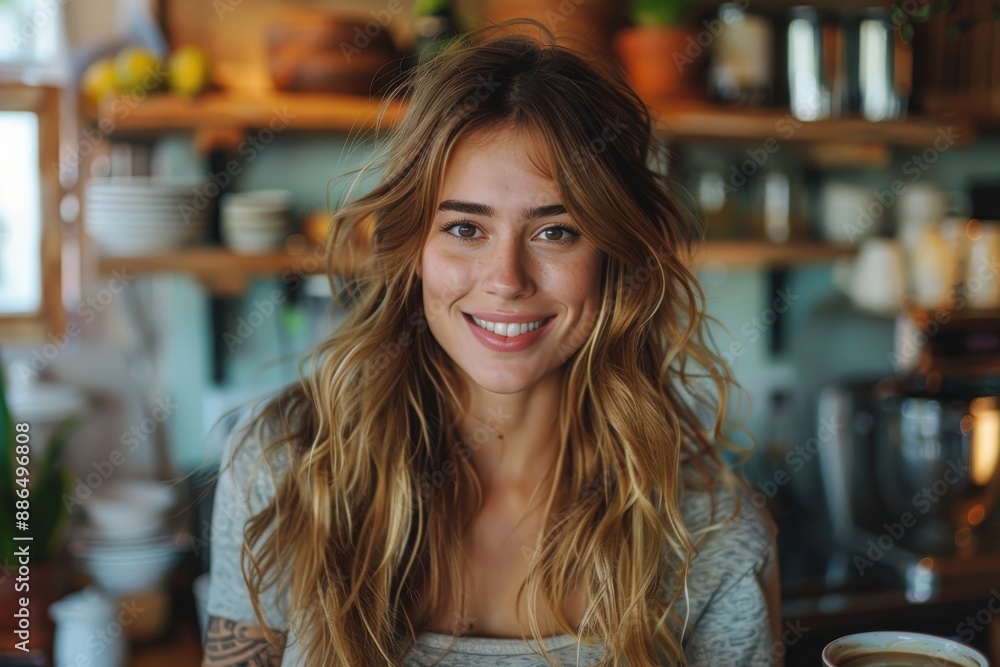 A close-up of a friendly barista in a cozy cafe, smiling warmly at the camera, capturing the inviting atmosphere and her engaging personality, ready to serve the customers. A close-up of a friendly barista in a cozy cafe, smiling warmly at the camera, capturing the inviting atmosphere and her engaging personality, ready to serve the customers.