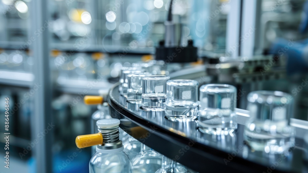 A detailed shot of the bottling process for sterile medical products, with a focus on the machinery and equipment used to ensure product integrity and hygiene with minimalist style A detailed shot of the bottling process for sterile medical products, with a focus on the machinery and equipment used to ensure product integrity and hygiene with minimalist style