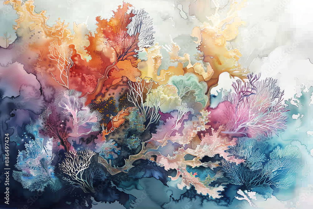 Beauty and devastation of coral bleaching with a mesmerizing watercolor painting. Show intricate details of fading colors and delicate skeletons. Beauty and devastation of coral bleaching with a mesmerizing watercolor painting. Show intricate details of fading colors and delicate skeletons.