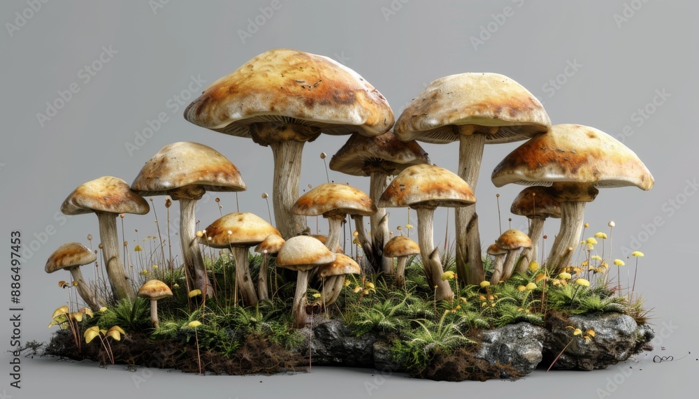 Group of Yellow Mushrooms Growing in Green Grass Group of Yellow Mushrooms Growing in Green Grass
