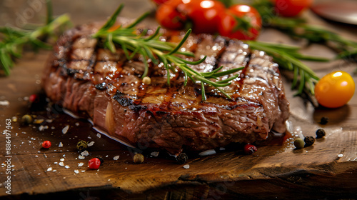 Fresh juicy delicious beef steak on a dark background. AI Generated