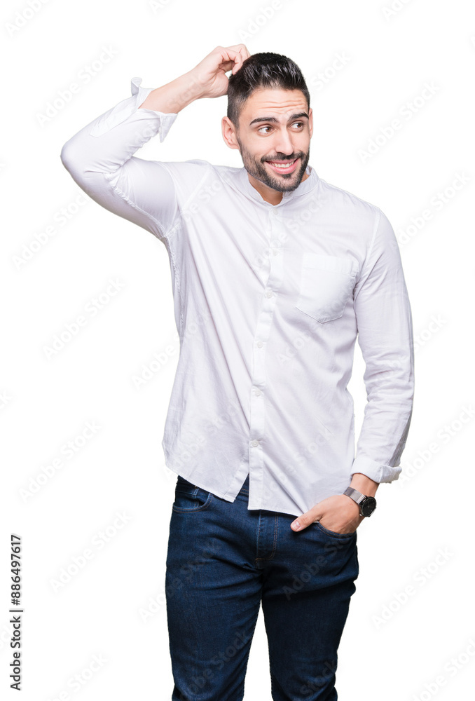 Young business man over isolated background confuse and wonder about question. Uncertain with doubt, thinking with hand on head. Pensive concept. Young business man over isolated background confuse and wonder about question. Uncertain with doubt, thinking with hand on head. Pensive concept.