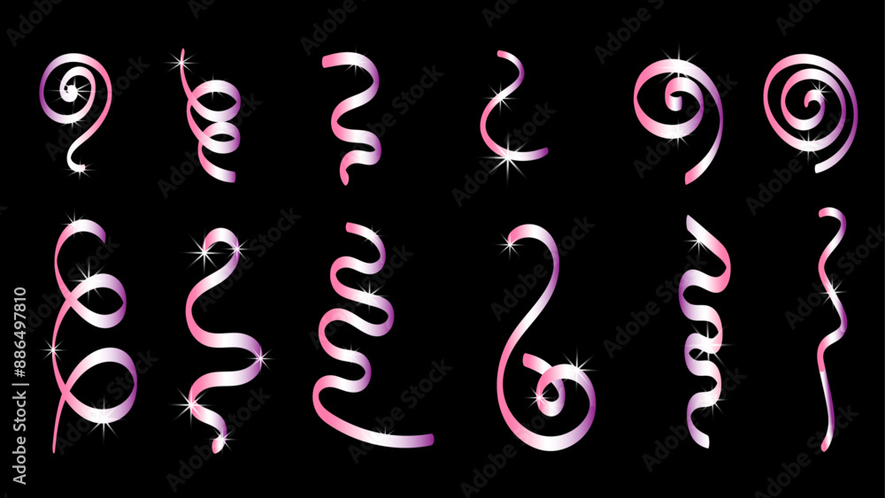 Obraz premium Colorful pink serpentine and confetti Winter season borders. Hanging colorful streamers and falling confetti .Shiny ribbons set for holiday design. 