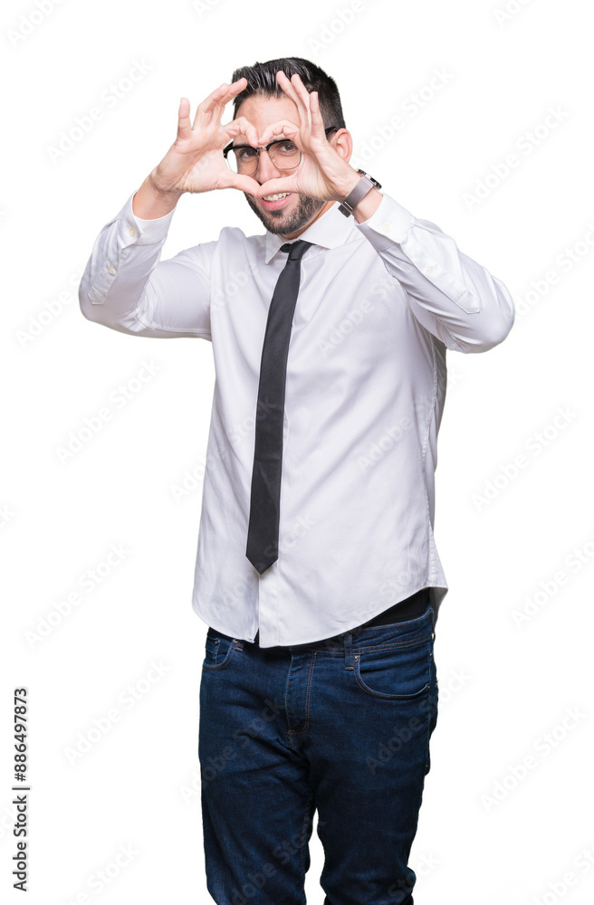 Young handsome business man wearing glasses over isolated background Doing heart shape with hand and fingers smiling looking through sign Young handsome business man wearing glasses over isolated background Doing heart shape with hand and fingers smiling looking through sign