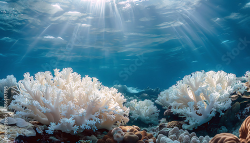 Coral bleaching; when water is too warm, corals will expel the algae (zooxanthellae) living in their tissues causing the coral to turn completely white. photo