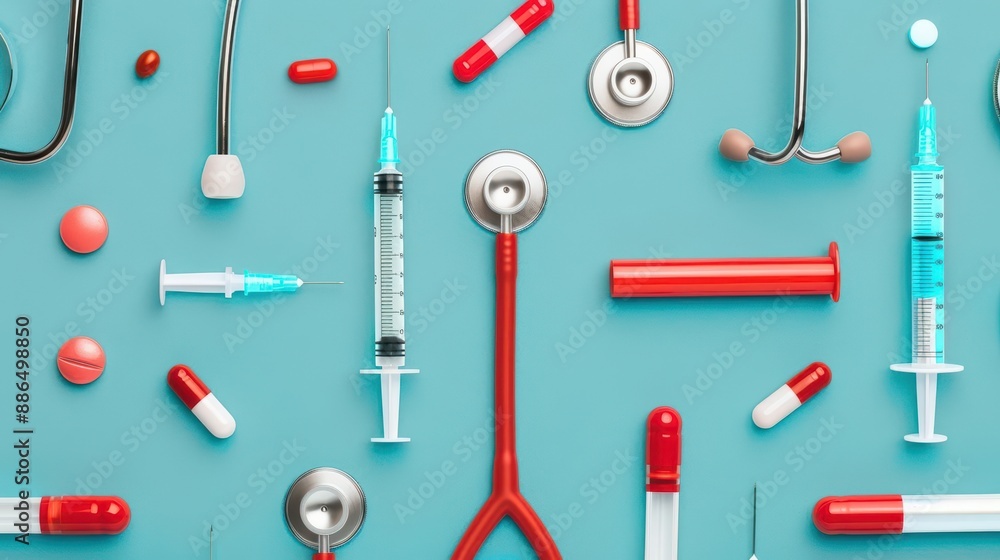 Obraz premium A flat lay displays various tools used in patient care, including stethoscopes and syringes