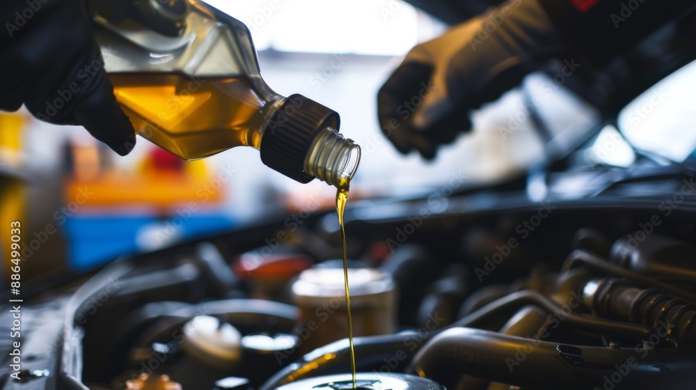 Closeup of hand with a work glove of a mechanic, pouring a bottle of oil in car engine. Engine oil change concept Closeup of hand with a work glove of a mechanic, pouring a bottle of oil in car engine. Engine oil change concept