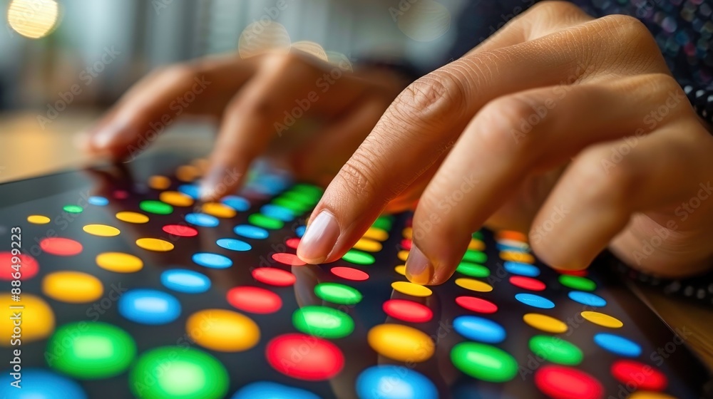 Close-up of fingers pressing colorful illuminated buttons on a touchscreen device, showcasing modern technology and interactive design. Close-up of fingers pressing colorful illuminated buttons on a touchscreen device, showcasing modern technology and interactive design.