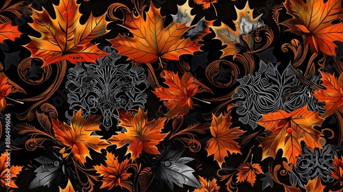 Vibrant Autumn Leaves with Ornate Henna Inspired Flourishes in Dramatic Chiaroscuro Baroque Painting Style