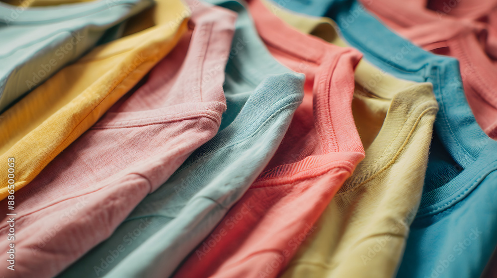 A stack of various colored shirts piled on top of each other. Suitable for fashion and clothing. A stack of various colored shirts piled on top of each other. Suitable for fashion and clothing.