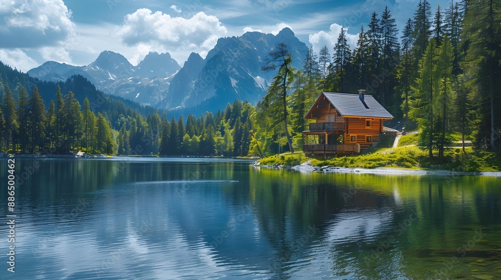 Fototapeta premium Tranquil Mountain Lodge by Pristine Lake in Serene Forest Landscape