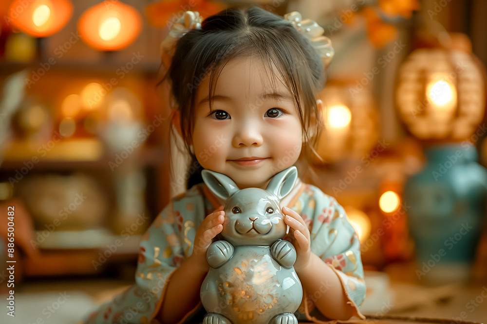 A jade rabbit in the hands of a child as a symbol of the Mid-Autumn Festival. Family gathering at the holiday table A jade rabbit in the hands of a child as a symbol of the Mid-Autumn Festival. Family gathering at the holiday table