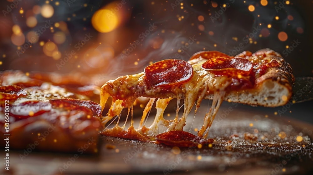 flying Slice of pepperoni pizza with gooey cheese flying Slice of pepperoni pizza with gooey cheese