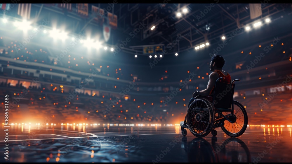 A basketball player in a wheelchair is sitting in a stadium A basketball player in a wheelchair is sitting in a stadium