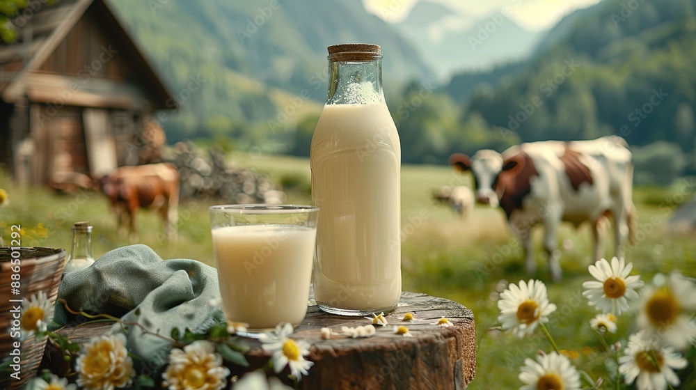 Milk on table on background of meadow with cows Milk on table on background of meadow with cows