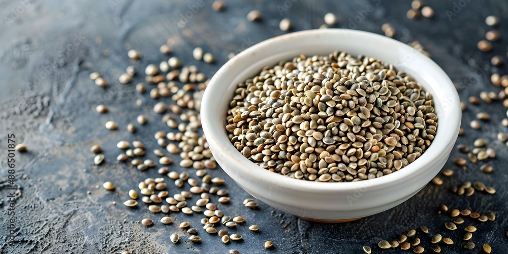 Cooking with whole dried hemp seeds in a white bowl on a gray table. Concept Food Photography, Hemp Seeds Recipe, Kitchen Ingredients, Healthy Cooking, Culinary Creativity Cooking with whole dried hemp seeds in a white bowl on a gray table. Concept Food Photography, Hemp Seeds Recipe, Kitchen Ingredients, Healthy Cooking, Culinary Creativity