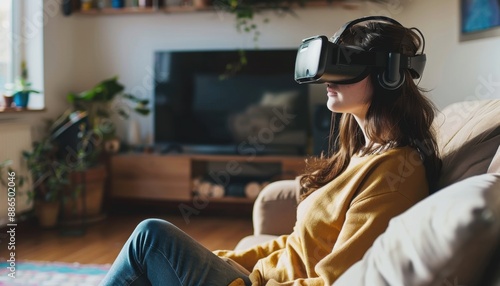 Woman Wearing VR Headset Relaxing on Couch in Living Room