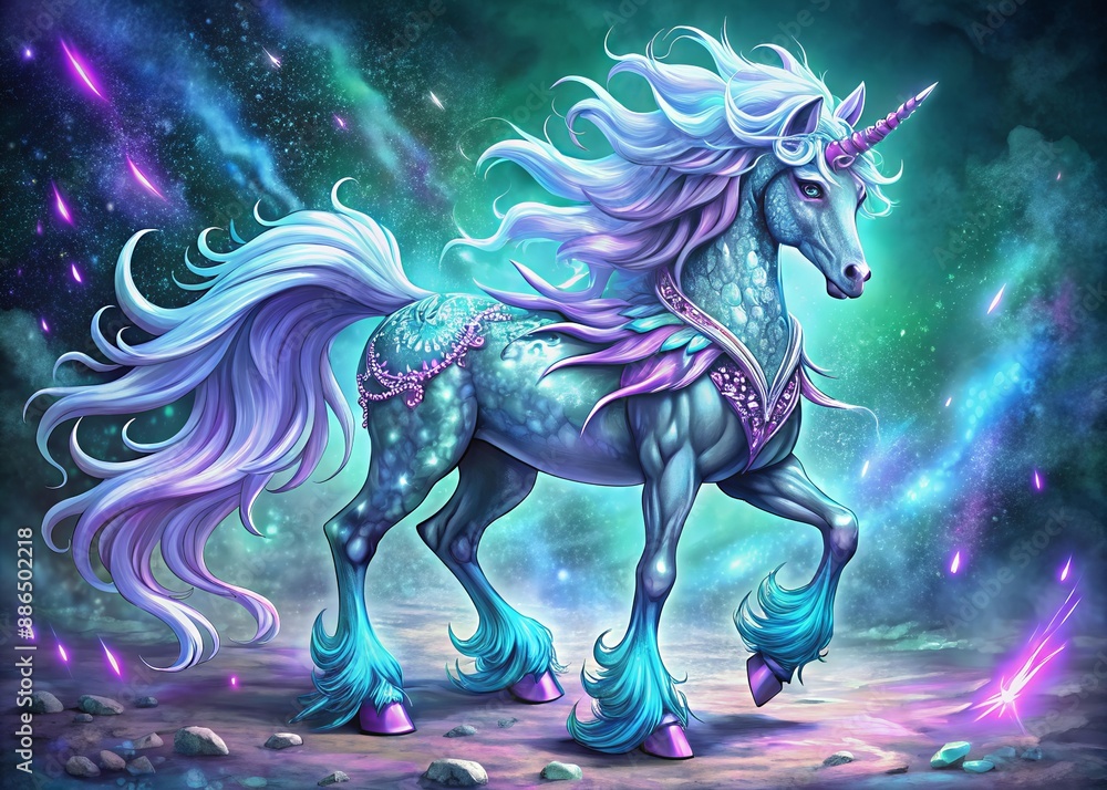 A unicorn with long mane and tail stands on hind legs A unicorn with long mane and tail stands on hind legs