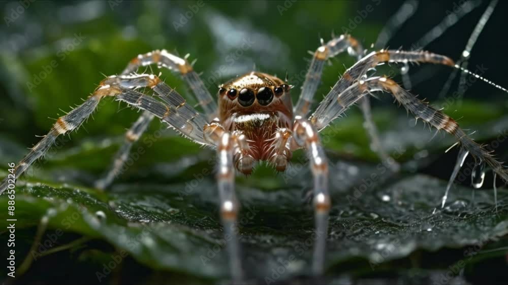 A spider emerges, its delicate form embodying both grace and menace. The spider's web is made of silver threads that catch the light. This painting shows the spider's legs and abdomen A spider emerges, its delicate form embodying both grace and menace. The spider's web is made of silver threads that catch the light. This painting shows the spider's legs and abdomen