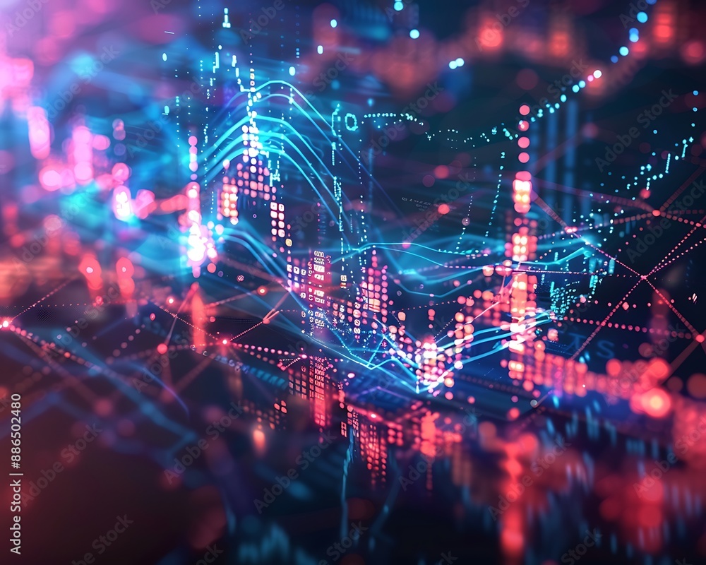 Futuristic interpretation of a financial candlestick graph chart, with holographic projections and digital overlays, illustrating the intersection of technology and finance. Futuristic interpretation of a financial candlestick graph chart, with holographic projections and digital overlays, illustrating the intersection of technology and finance.