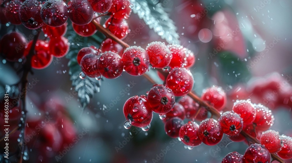 Red berries with dew drops on a branch form the shape of a DNA molecule, showcasing nature-inspired biomimicry in a vivid and detailed close-up. Red berries with dew drops on a branch form the shape of a DNA molecule, showcasing nature-inspired biomimicry in a vivid and detailed close-up.