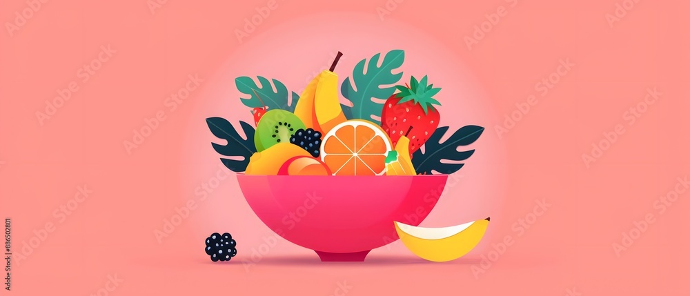 A colorful bowl of fresh fruit with green leaves. A colorful bowl of fresh fruit with green leaves.