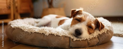 Dog relaxing on a pet bed, showcasing comfort and rest