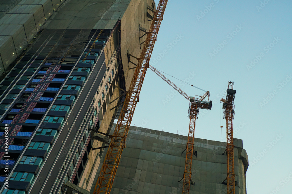 Construction site office building with crane sunset Construction site office building with crane sunset