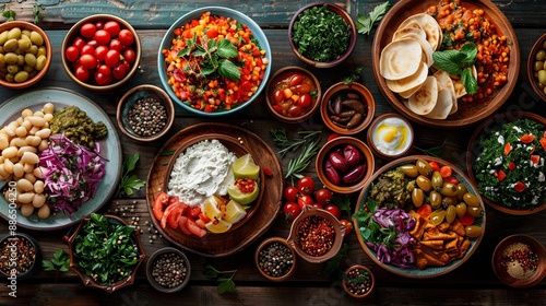 Colorful Mediterranean feast with various fresh vegetables, dips, and olives displayed on a rustic wooden table. Perfect for healthy eating concepts.