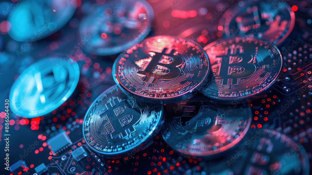 Bitcoin coins stacked on top of each other with a futuristic digital background Bitcoin coins stacked on top of each other with a futuristic digital background