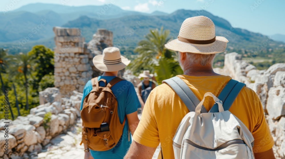 Hikers with backpacks and hats explore ancient ruins in a mountainous landscape under a bright sky, immersing themselves in history and the natural beauty of their surroundings. Hikers with backpacks and hats explore ancient ruins in a mountainous landscape under a bright sky, immersing themselves in history and the natural beauty of their surroundings.