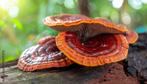 Red Reishi Mushrooms Growing On Log In Forest