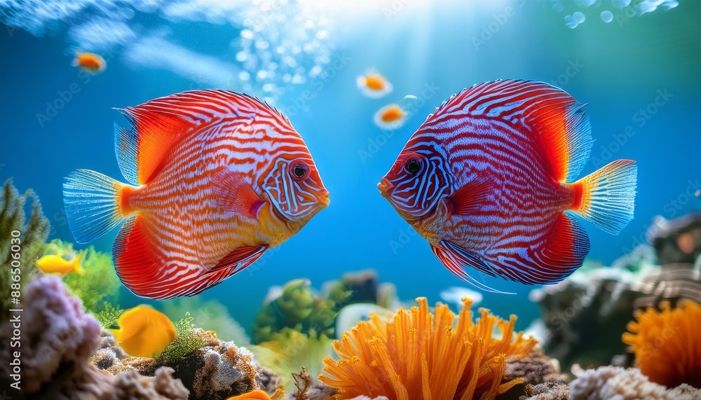Fototapeta premium Discus Fish in a Colorful Coral Wonderland