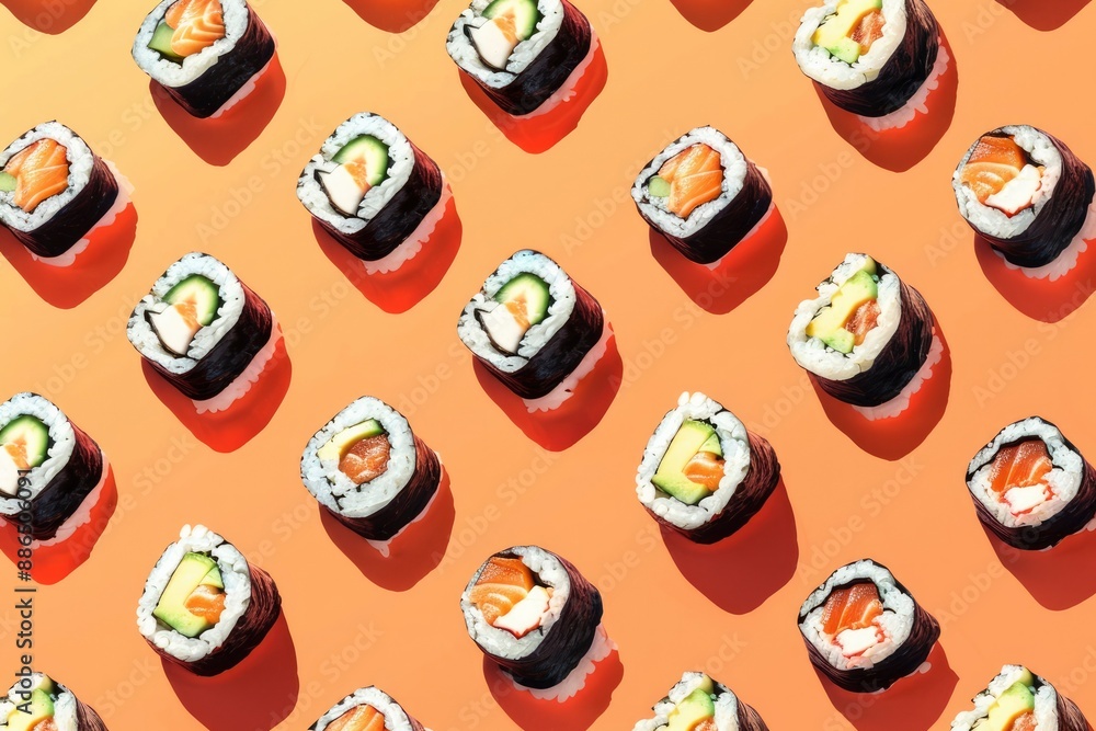 Various sushi and rolls on an orange background, top view flat lay. Creative food background, Japanese roll pattern. Fresh healthy trendy food Various sushi and rolls on an orange background, top view flat lay. Creative food background, Japanese roll pattern. Fresh healthy trendy food