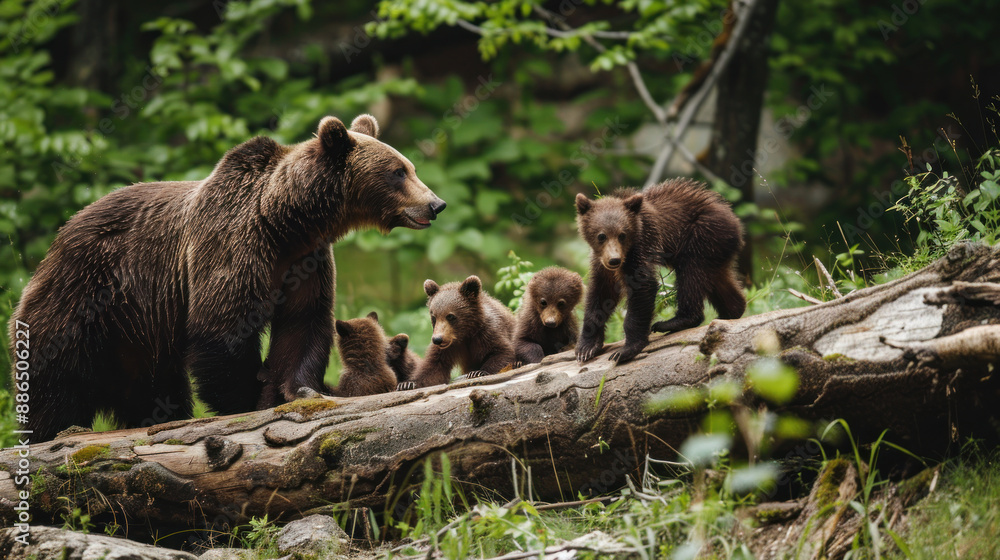 Fototapeta premium Brown bear (Ursus arctos) playing with its cubs near a fallen log in the forest