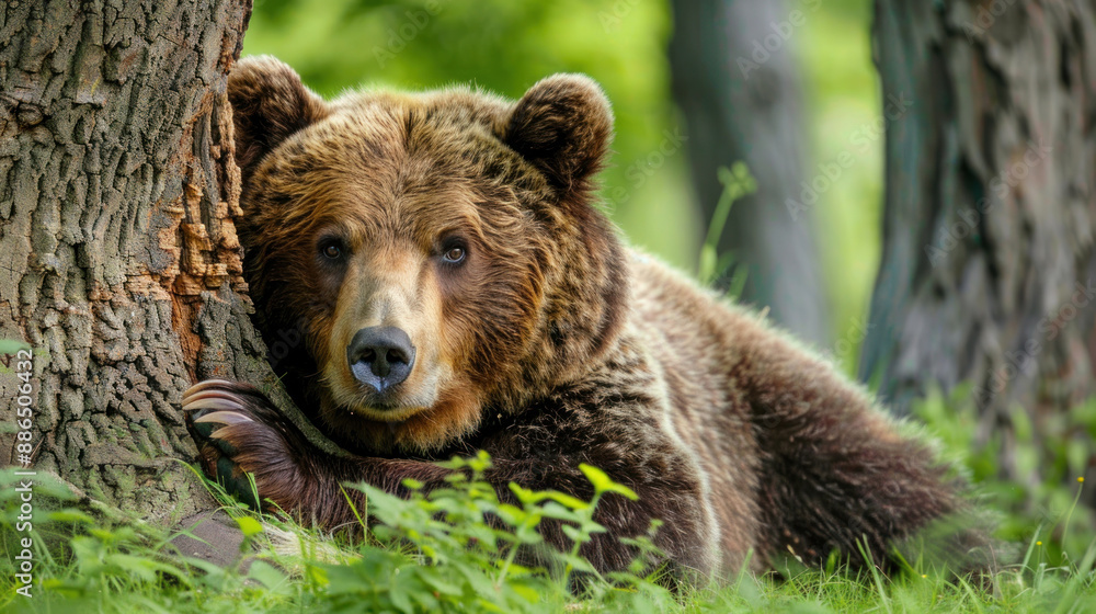 Obraz premium Brown bear (Ursus arctos) resting under a tree, with a peaceful expression