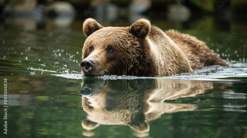 Obraz premium Brown bear (Ursus arctos) swimming in a clear lake, with reflection on the water