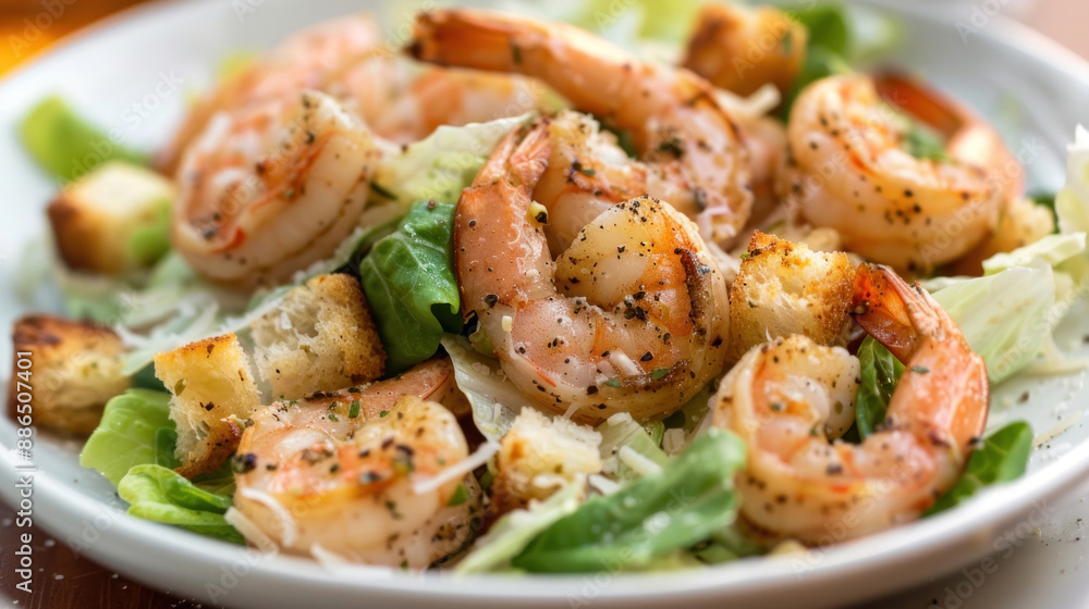 Caesar salad topped with grilled shrimp, croutons, and a zesty Caesar dressing, on a white plate Caesar salad topped with grilled shrimp, croutons, and a zesty Caesar dressing, on a white plate