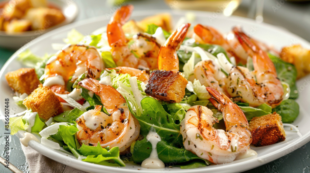 Caesar salad topped with grilled shrimp, croutons, and a zesty Caesar dressing, on a white plate Caesar salad topped with grilled shrimp, croutons, and a zesty Caesar dressing, on a white plate