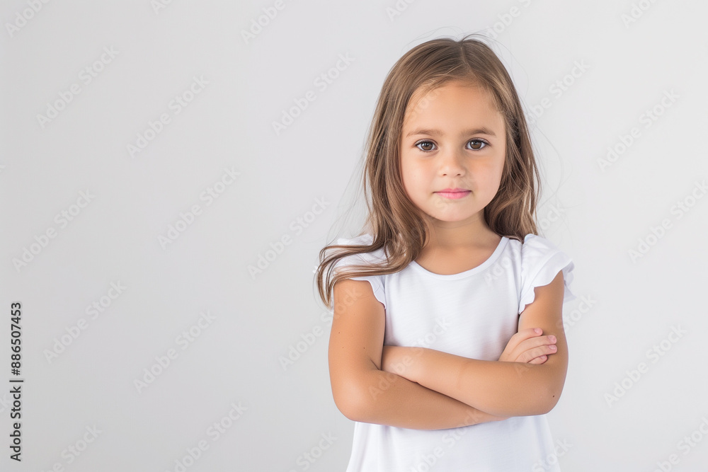 Sweet little girl with chestnut locks, displaying a thoughtful expression, her arms folded in an adorable attempt to look serious. Sweet little girl with chestnut locks, displaying a thoughtful expression, her arms folded in an adorable attempt to look serious.